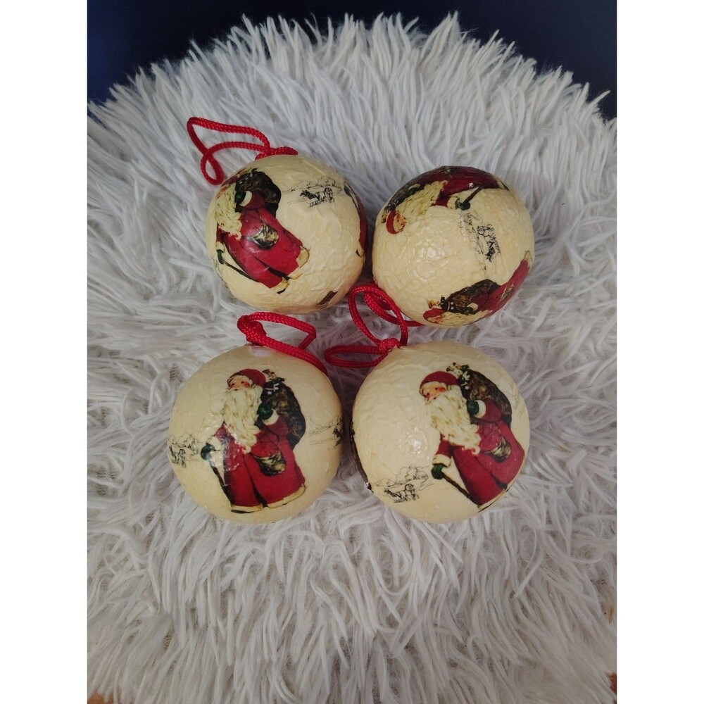 Vintage Set Of 4 Paper Mache Round Santa Ornaments
